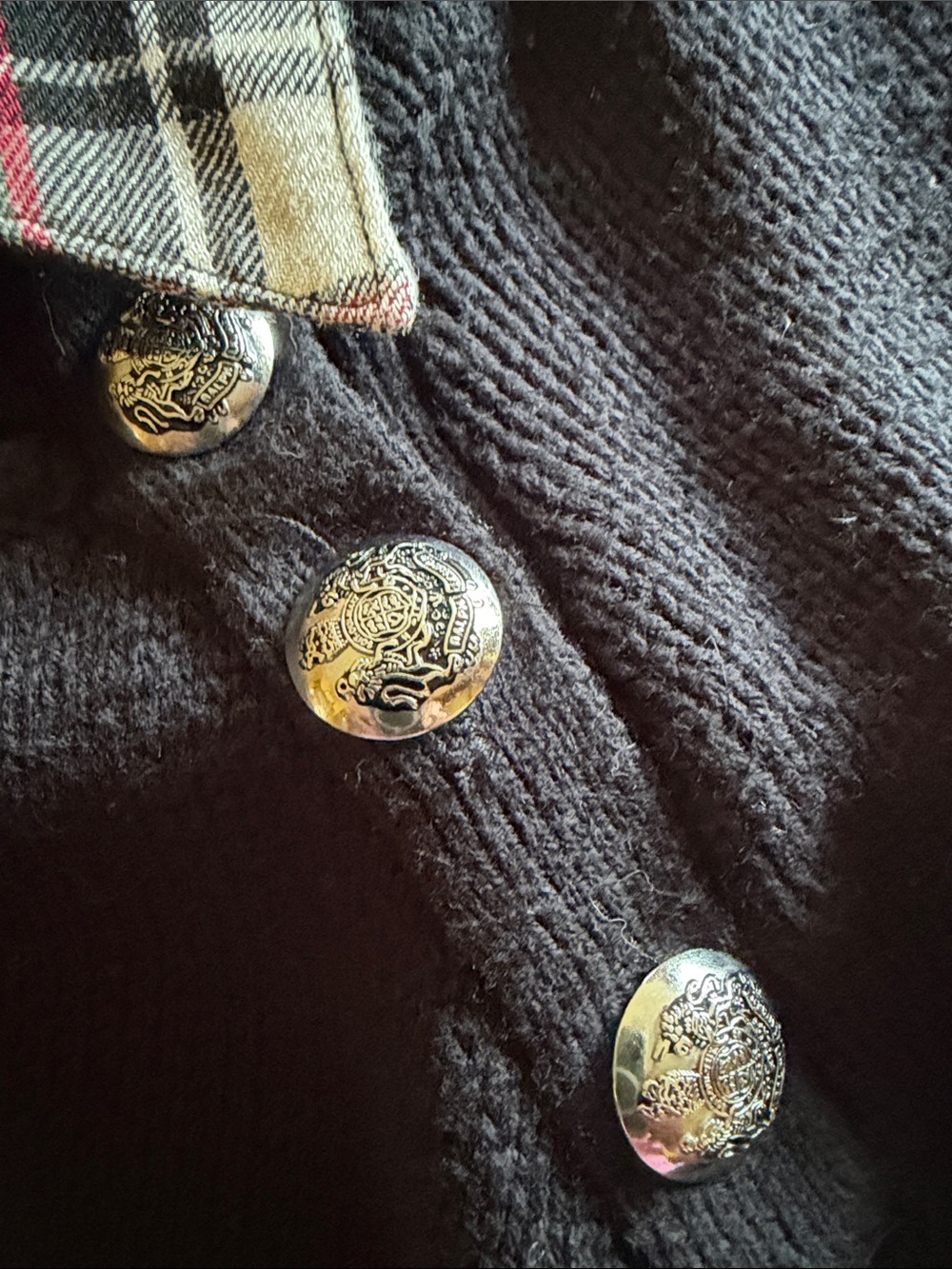 Lauren Ralph Lauren black Sweater with Plaid Trim and Shoulder Buttons Size M - Picture 4 of 6